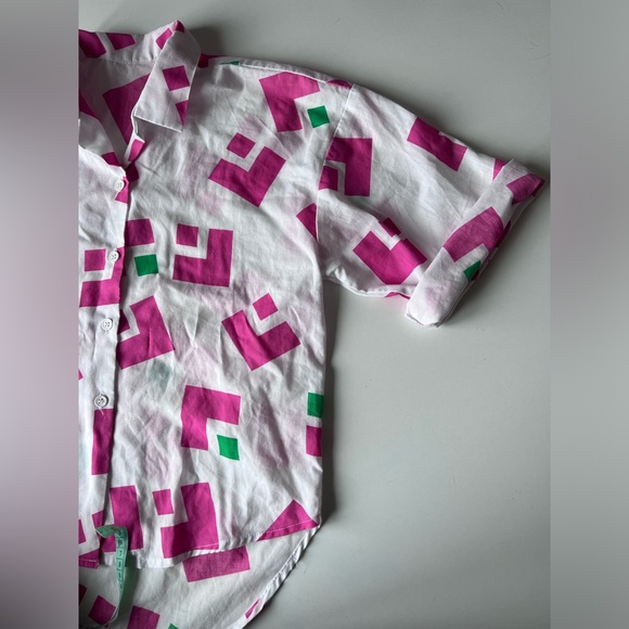 Vintage blouse short sleeves white with pink and green geometric patterns - Picture 4 of 5